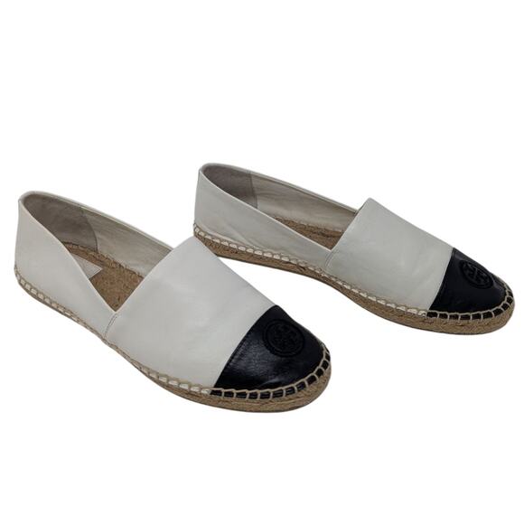 Tory Burch Colorblock Leather Espadrilles White Black Cap Toe Flats Size 10 - Picture 4 of 9